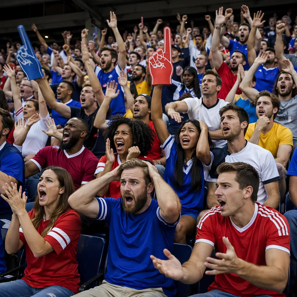 Wide shot of football fans reacting to a match call in a stadium stand, wearing 