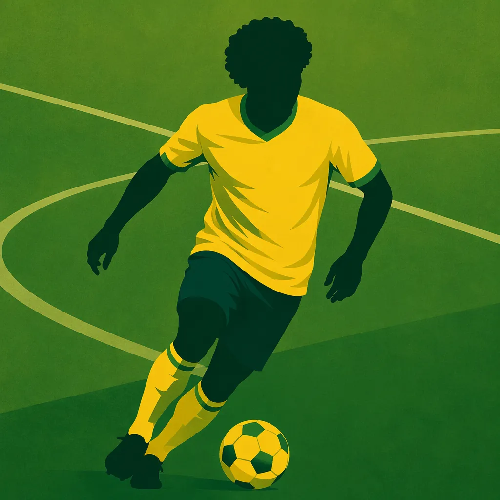 A stylized illustration of a Brazilian football player silhouette with curly hai