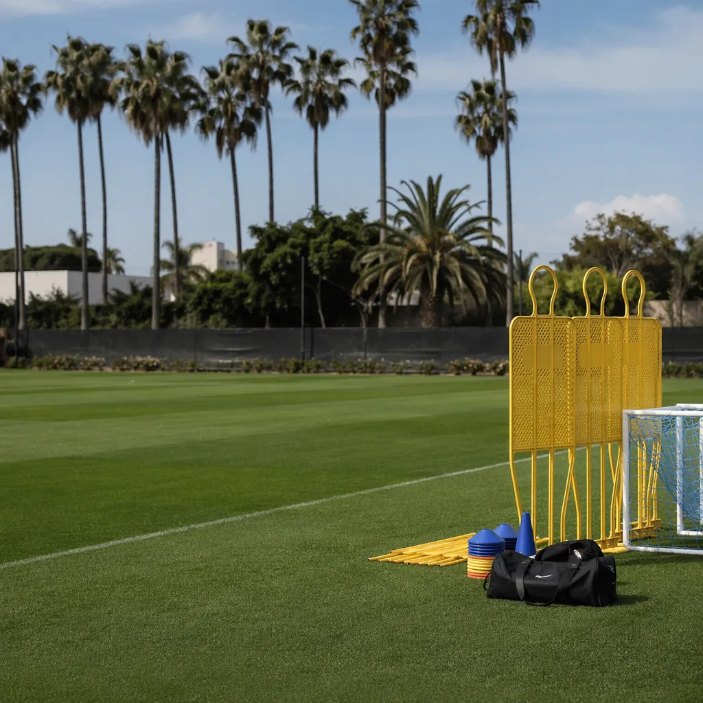 Medium shot of a modern football training ground in Los Angeles, well-maintained