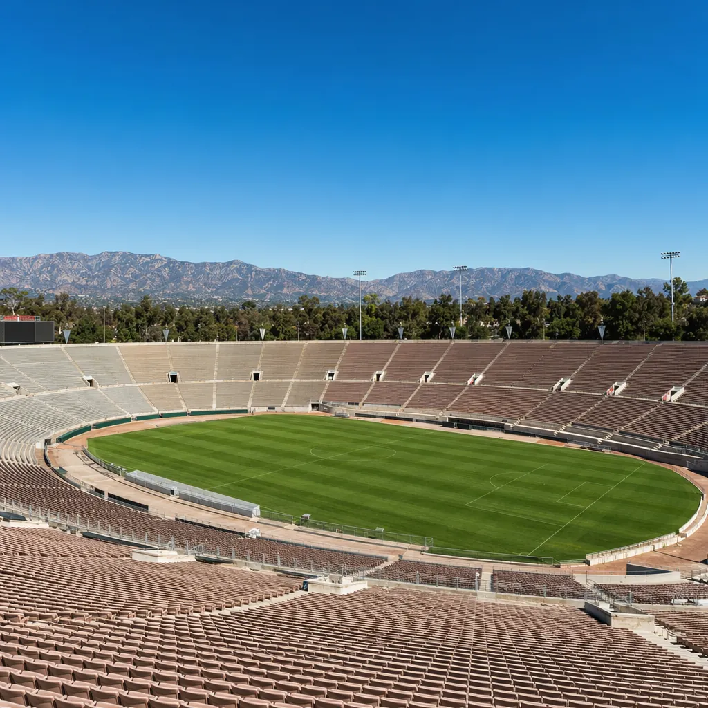 Wide shot of the Rose Bowl Stadium in Los Angeles, empty seats, green pitch in t