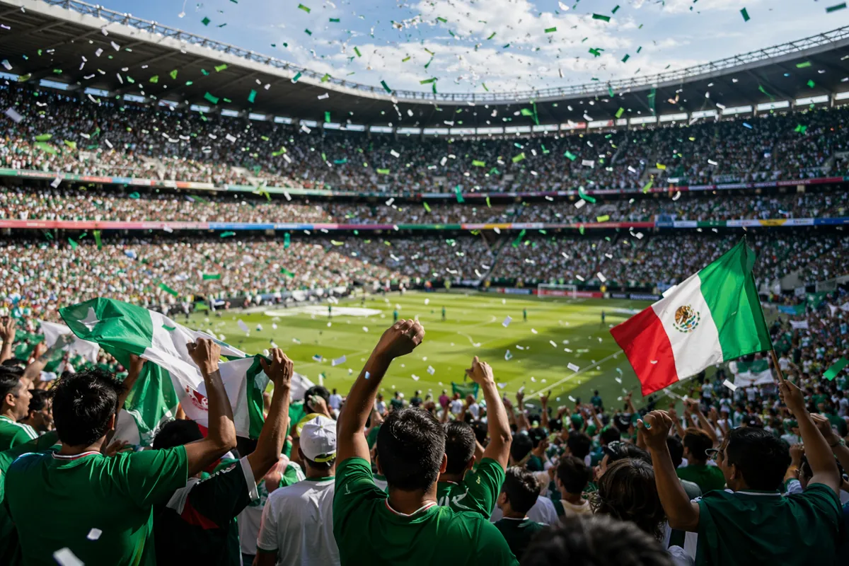 Professional sports editorial photograph of a packed sunlit soccer stadium in Mexico, gree